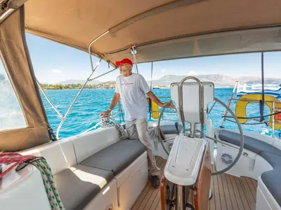 Cockpit of Thalassa, a Beneteau Oceanis 423 sailboat at Preveza, Greece