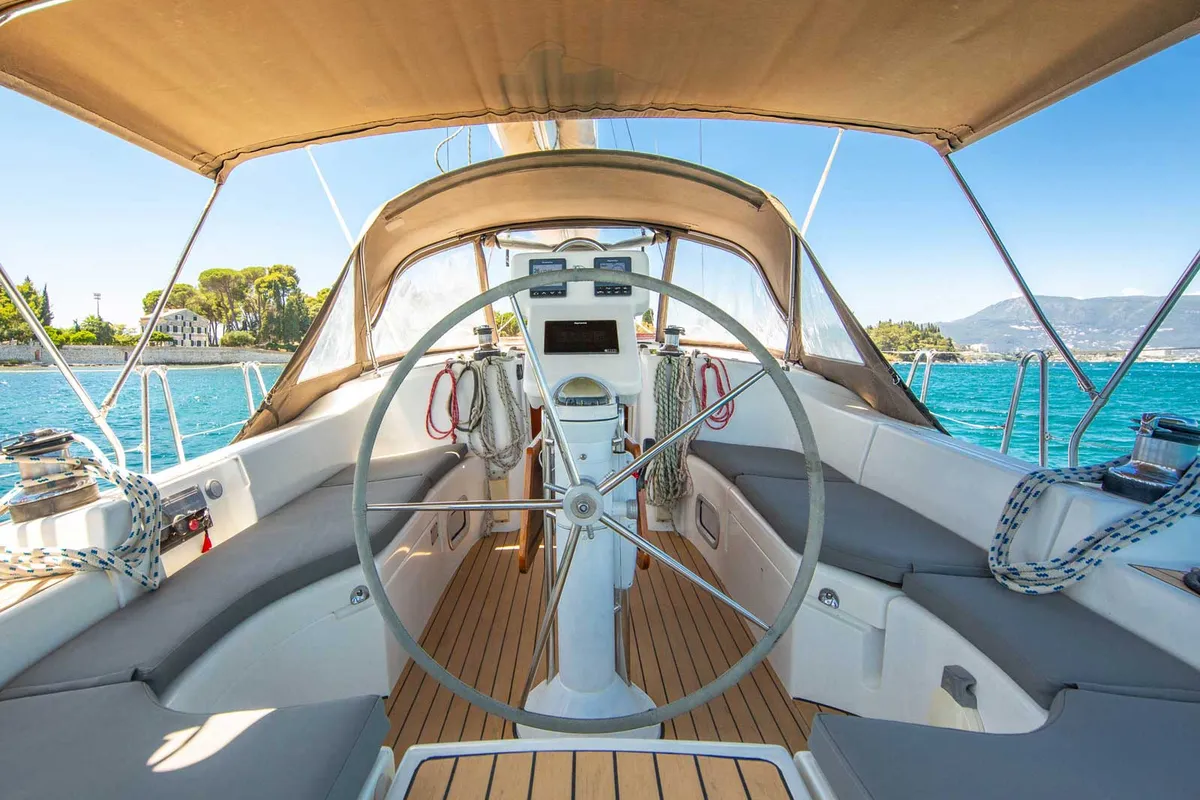 Cockpit of Thalassa, a Beneteau Oceanis 423 sailboat at Preveza, Greece