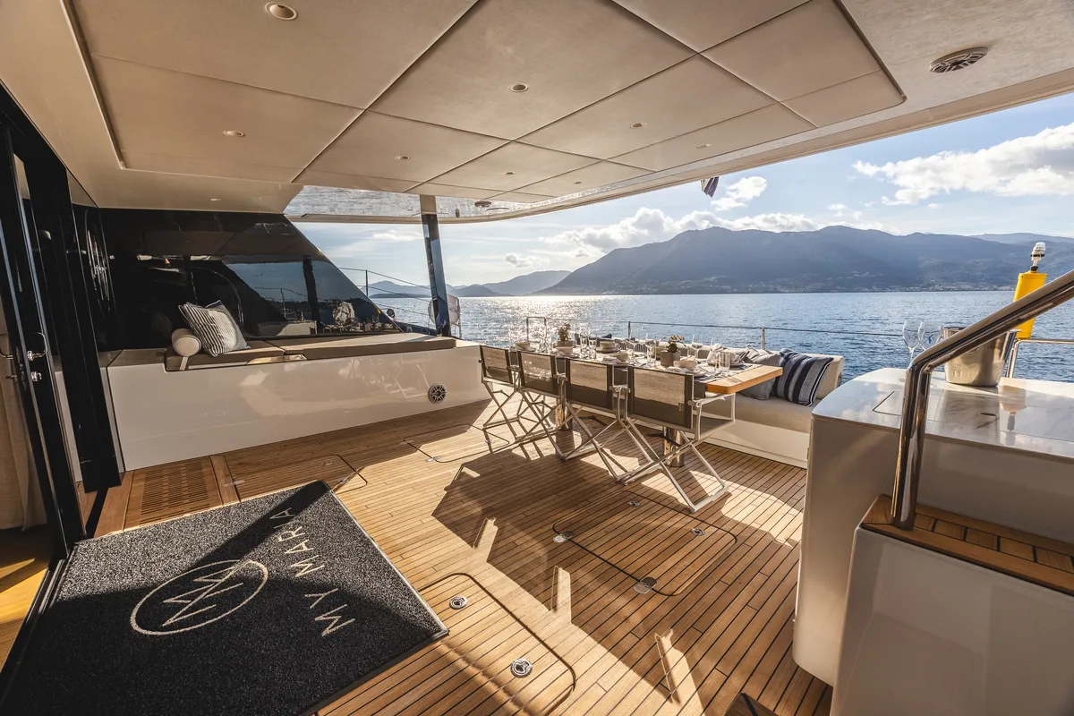 Deck of MyMaria, a Sunreef 60 catamaran at Municipal Unit of Lefkada, Greece