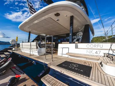 Deck of MyMaria, a Sunreef 60 catamaran at Municipal Unit of Lefkada, Greece
