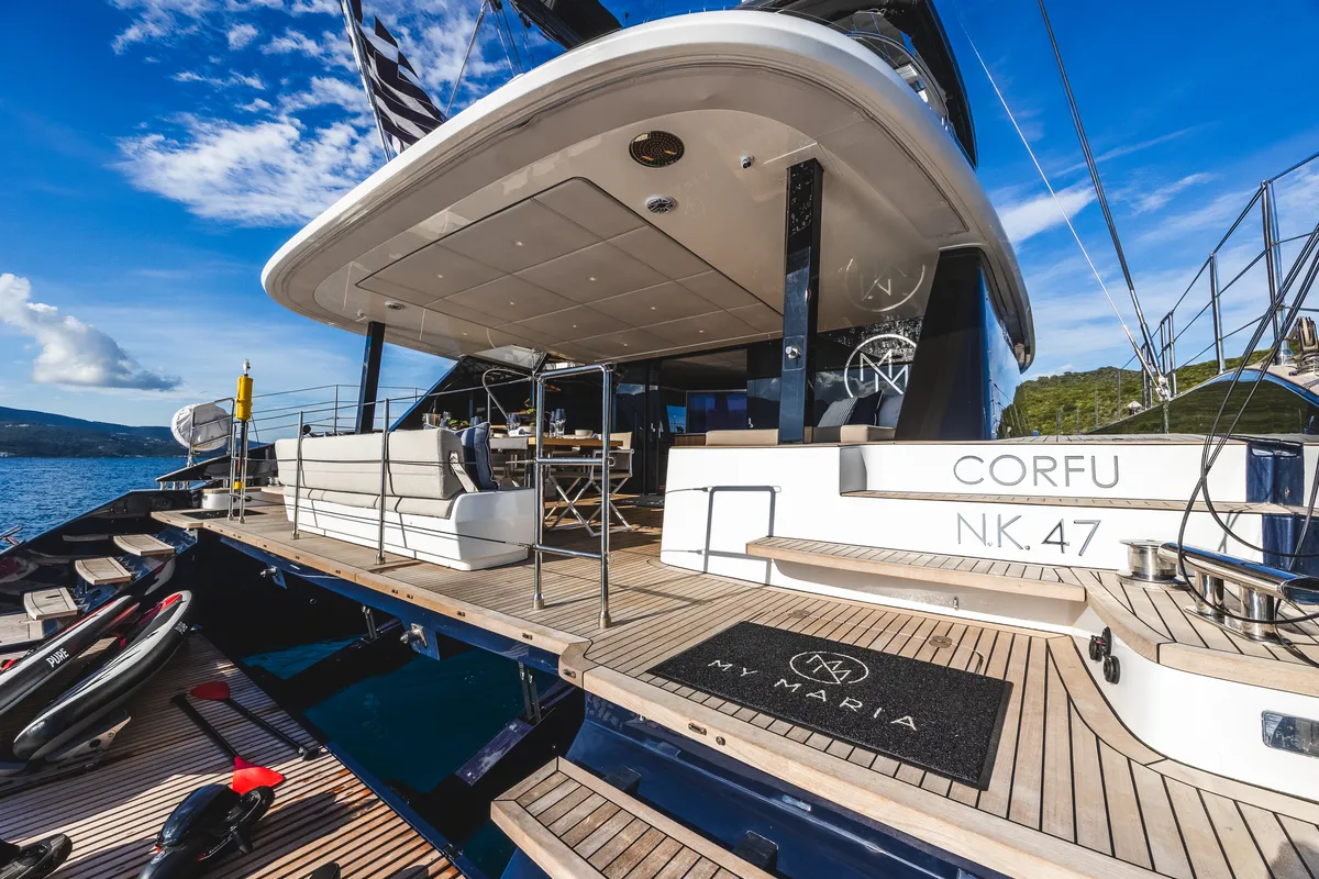 Deck of MyMaria, a Sunreef 60 catamaran at Municipal Unit of Lefkada, Greece