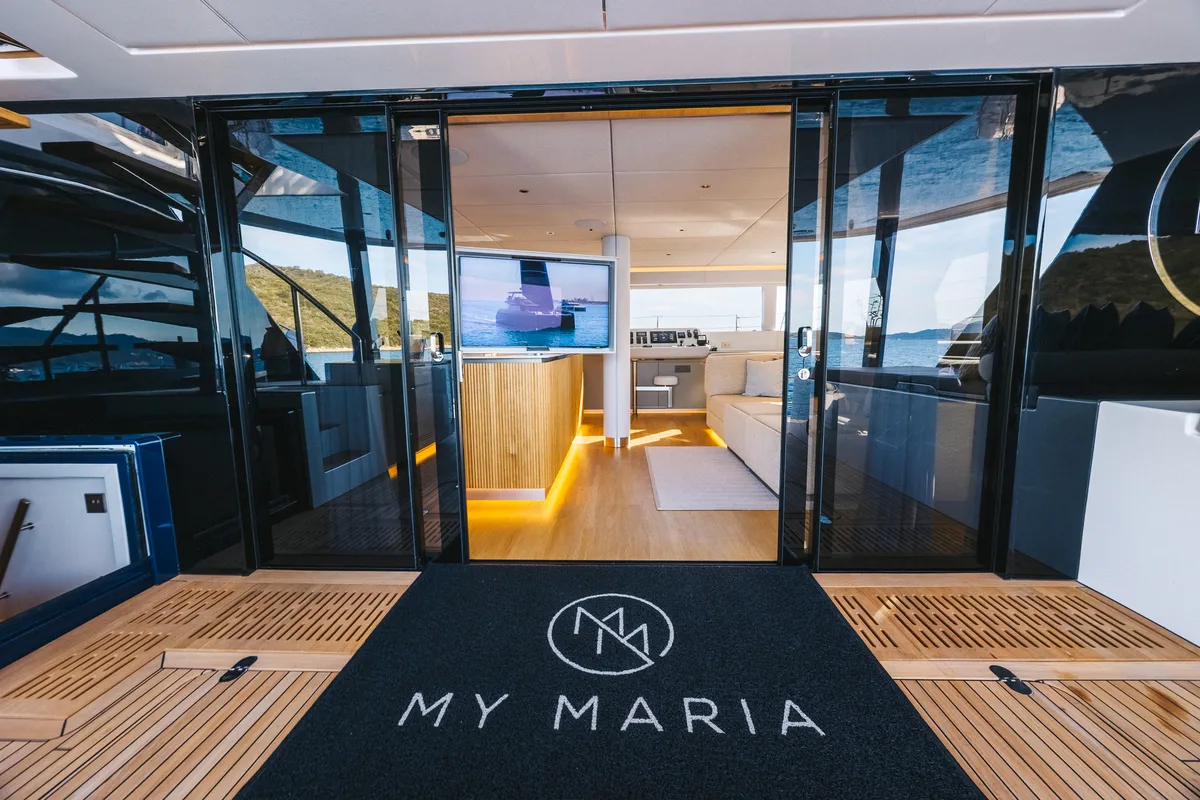 Deck of MyMaria, a Sunreef 60 catamaran at Municipal Unit of Lefkada, Greece