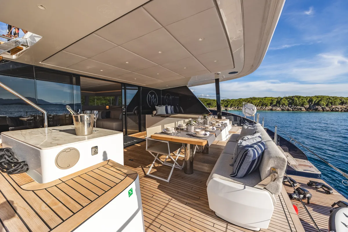 Deck of MyMaria, a Sunreef 60 catamaran at Municipal Unit of Lefkada, Greece