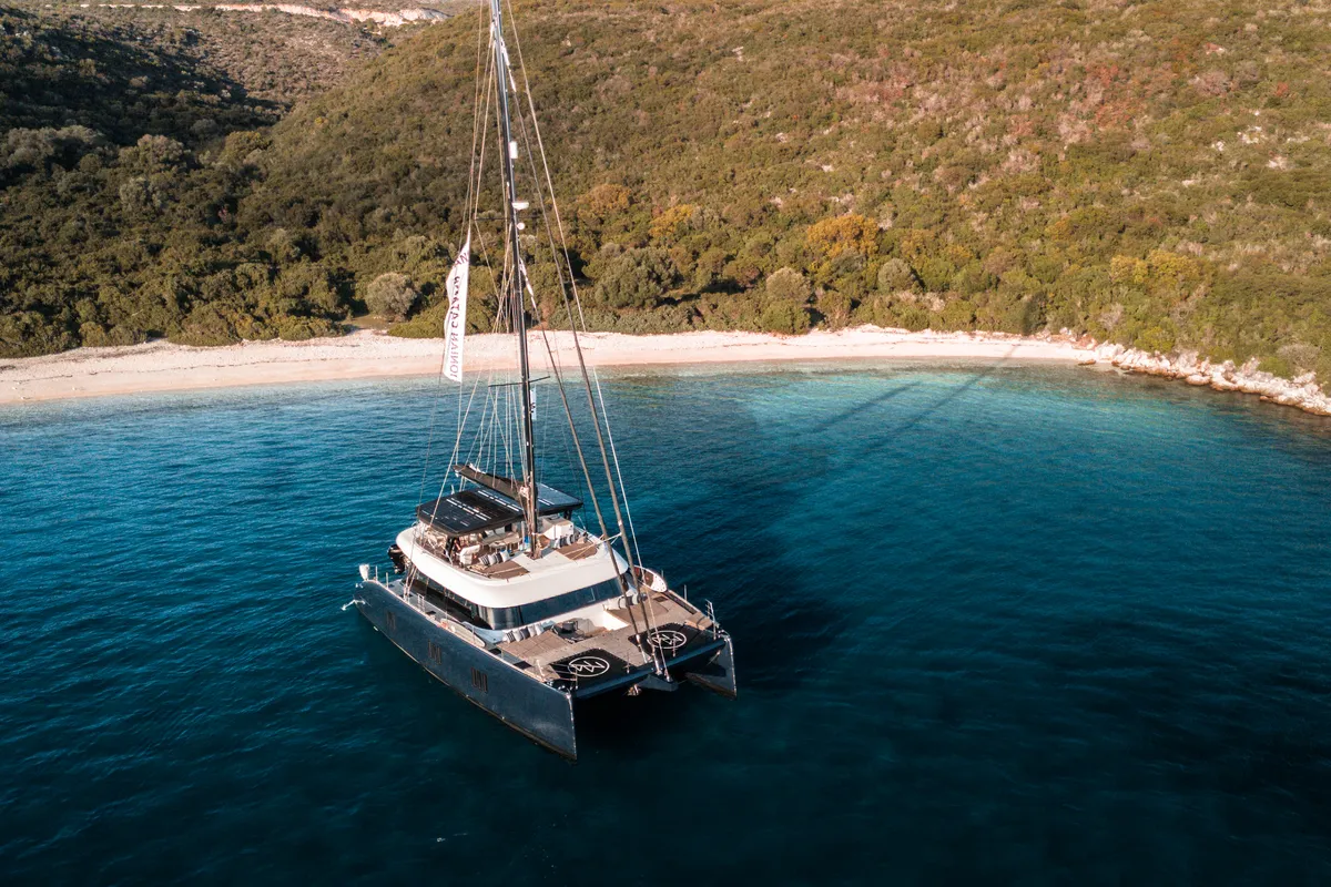 Exterior view of MyMaria, a Sunreef 60 catamaran at Municipal Unit of Lefkada, Greece