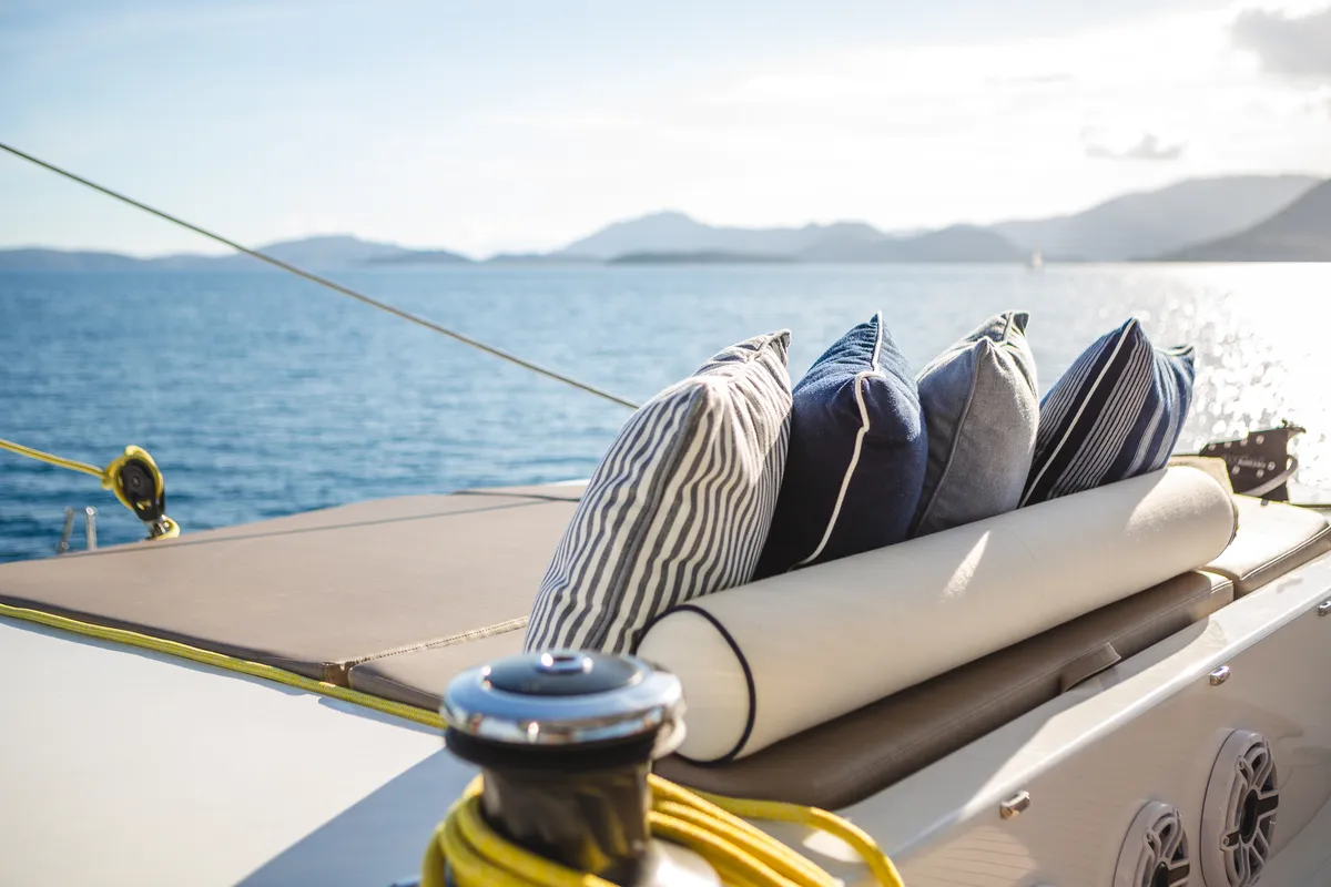 Deck of MyMaria, a Sunreef 60 catamaran at Municipal Unit of Lefkada, Greece