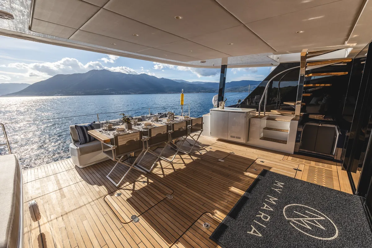 Deck of MyMaria, a Sunreef 60 catamaran at Municipal Unit of Lefkada, Greece
