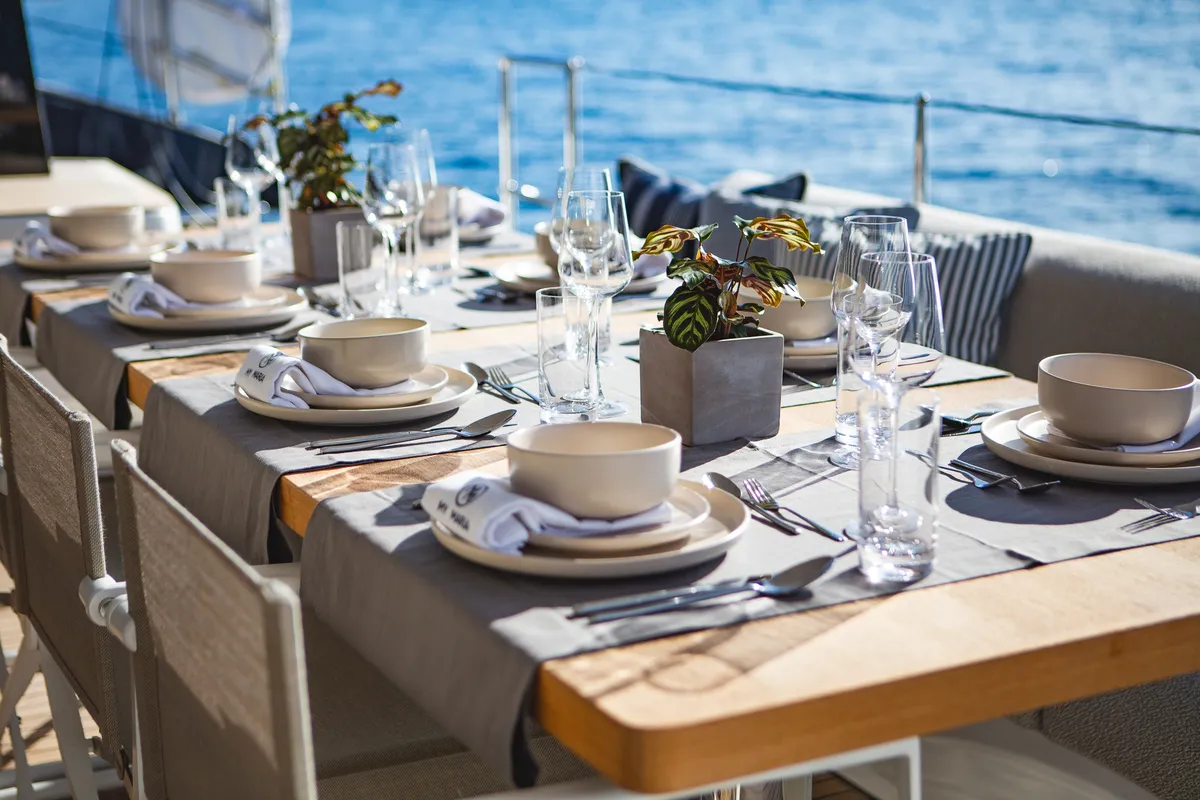 Deck of MyMaria, a Sunreef 60 catamaran at Municipal Unit of Lefkada, Greece