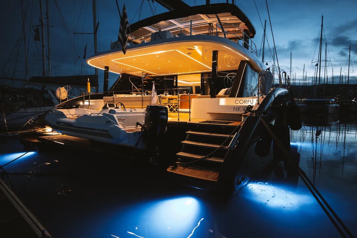 Exterior view of MyMaria, a Sunreef 60 catamaran at Municipal Unit of Lefkada, Greece