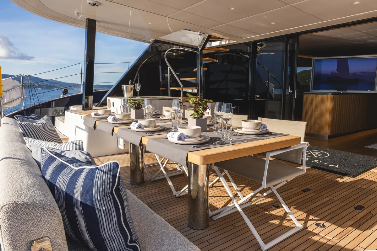 Deck of MyMaria, a Sunreef 60 catamaran at Municipal Unit of Lefkada, Greece