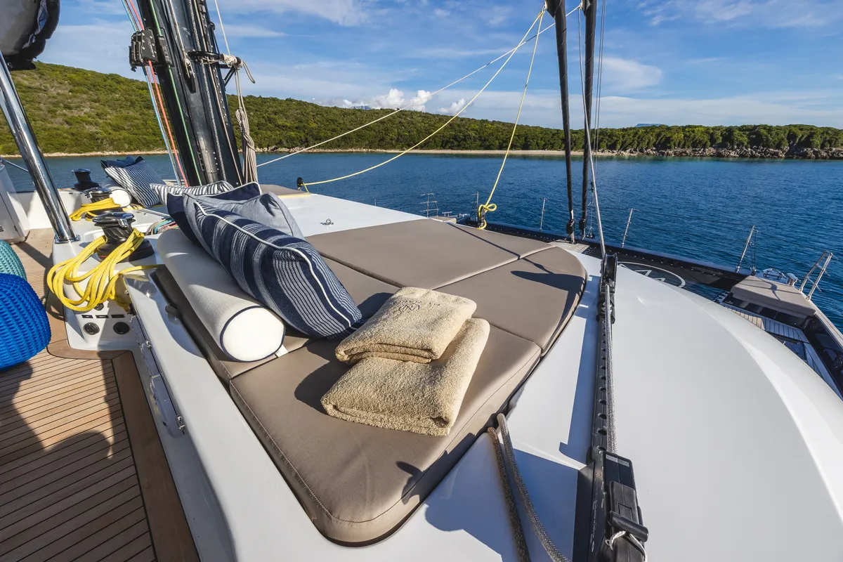 Deck of MyMaria, a Sunreef 60 catamaran at Municipal Unit of Lefkada, Greece