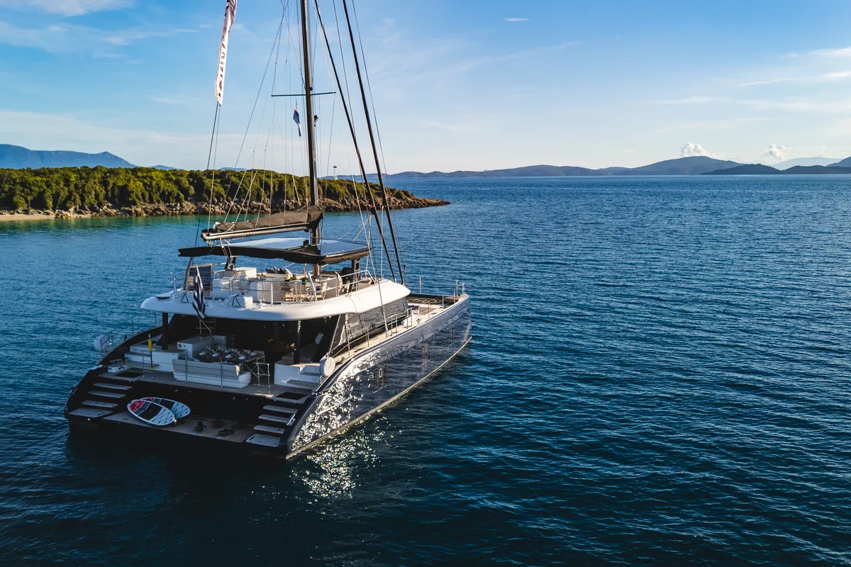 Exterior view of MyMaria, a Sunreef 60 catamaran at Municipal Unit of Lefkada, Greece