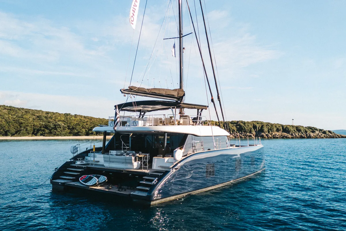 Exterior view of MyMaria, a Sunreef 60 catamaran at Municipal Unit of Lefkada, Greece