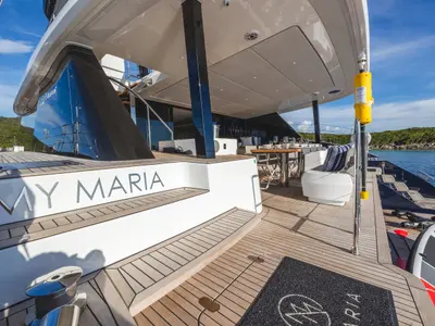 Deck of MyMaria, a Sunreef 60 catamaran at Lefkada, Greece