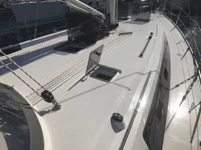Deck of Monsieur, a Bavaria 46 Cruiser sailboat at Vibo Valentia, Italy