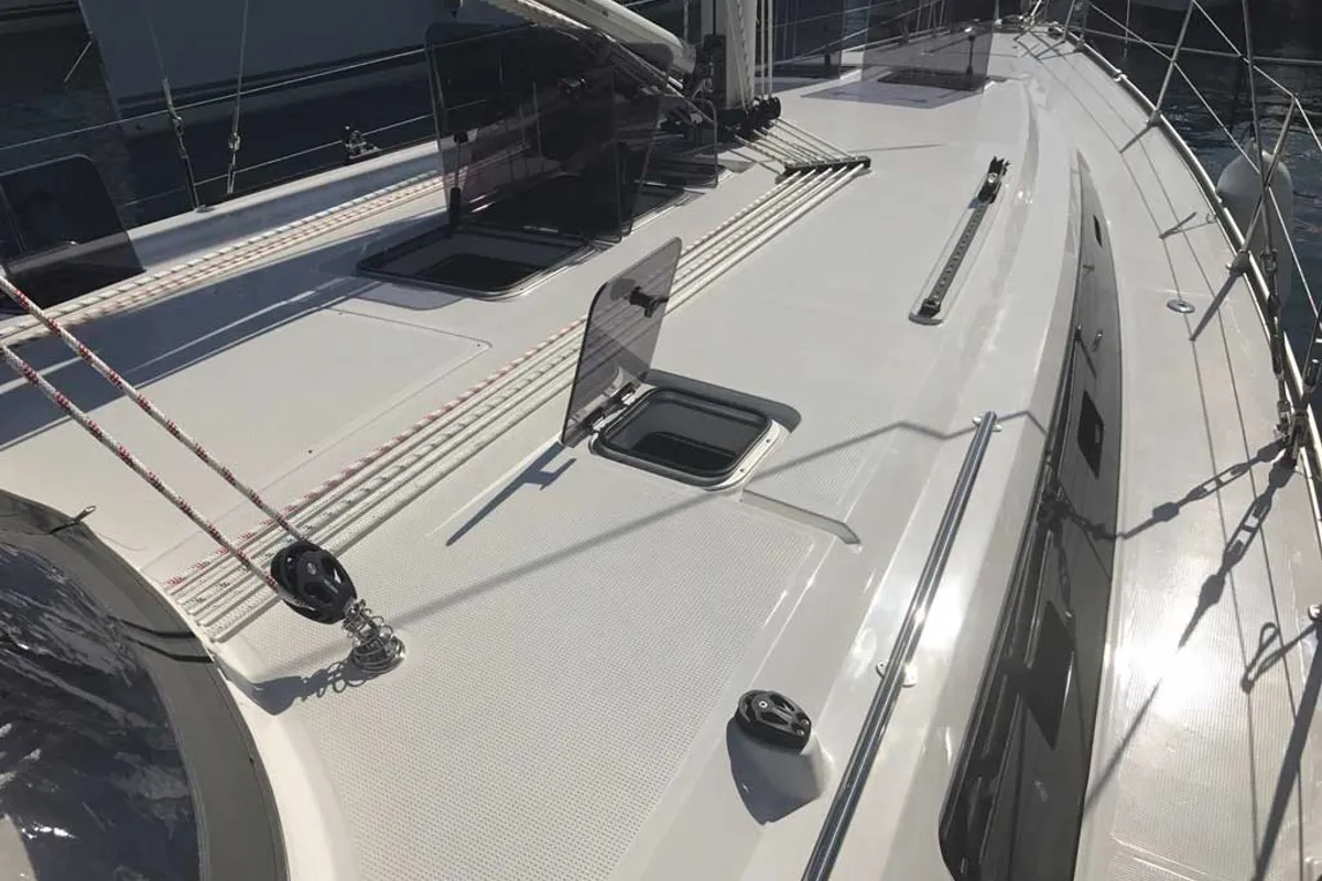 Deck of Monsieur, a Bavaria 46 Cruiser sailboat at Vibo Valentia, Italy