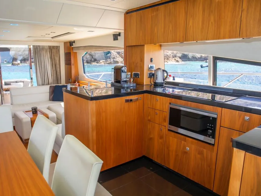 Galley of Midnight Summer Dream, a Sunseeker Manhattan 63 motor yacht at Palma de Mallorca, Spain