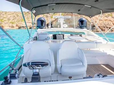 Cockpit of Midnight Summer Dream, a Sunseeker Manhattan 63 motor yacht at Palma de Mallorca, Spain