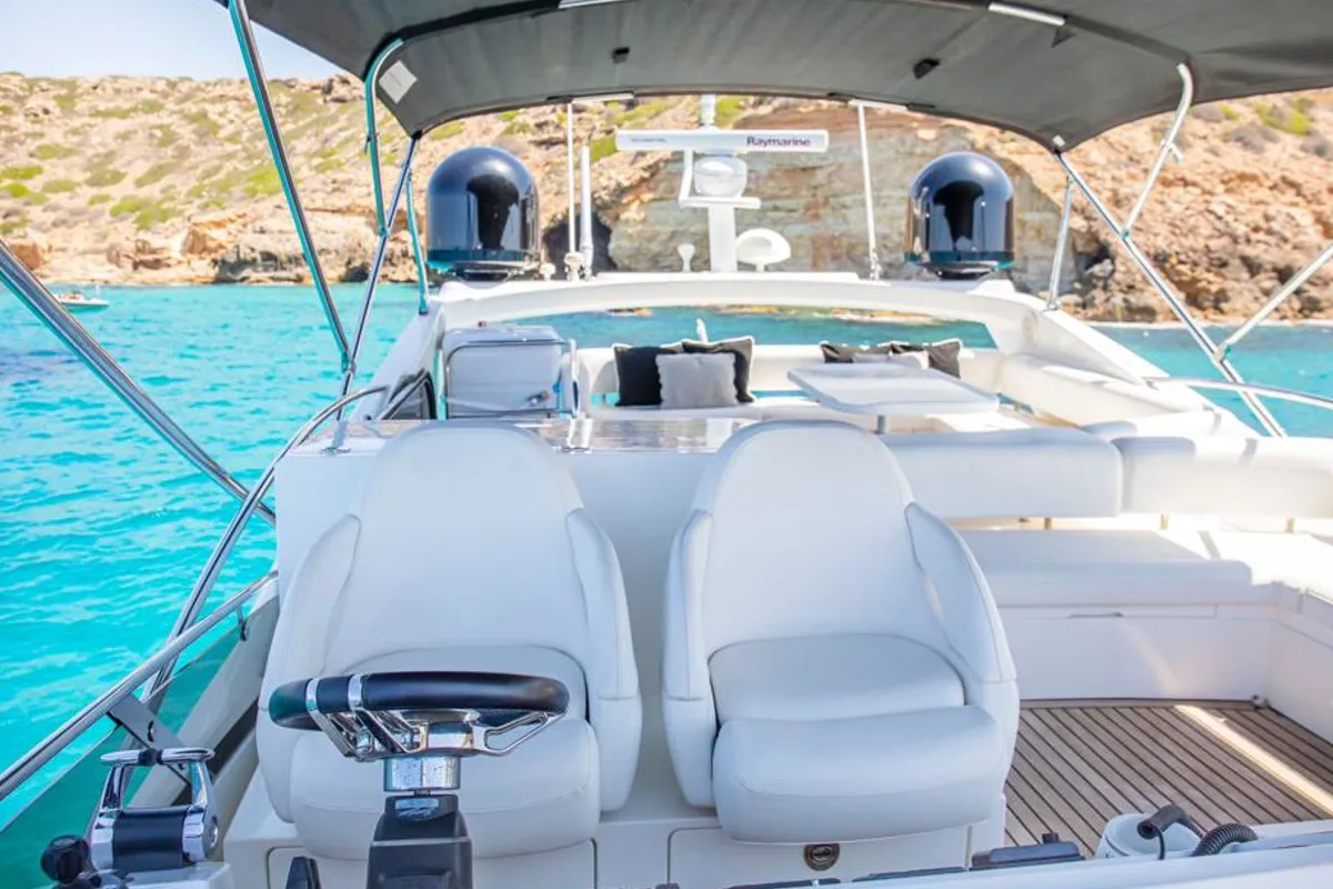 Cockpit of Midnight Summer Dream, a Sunseeker Manhattan 63 motor yacht at Palma de Mallorca, Spain