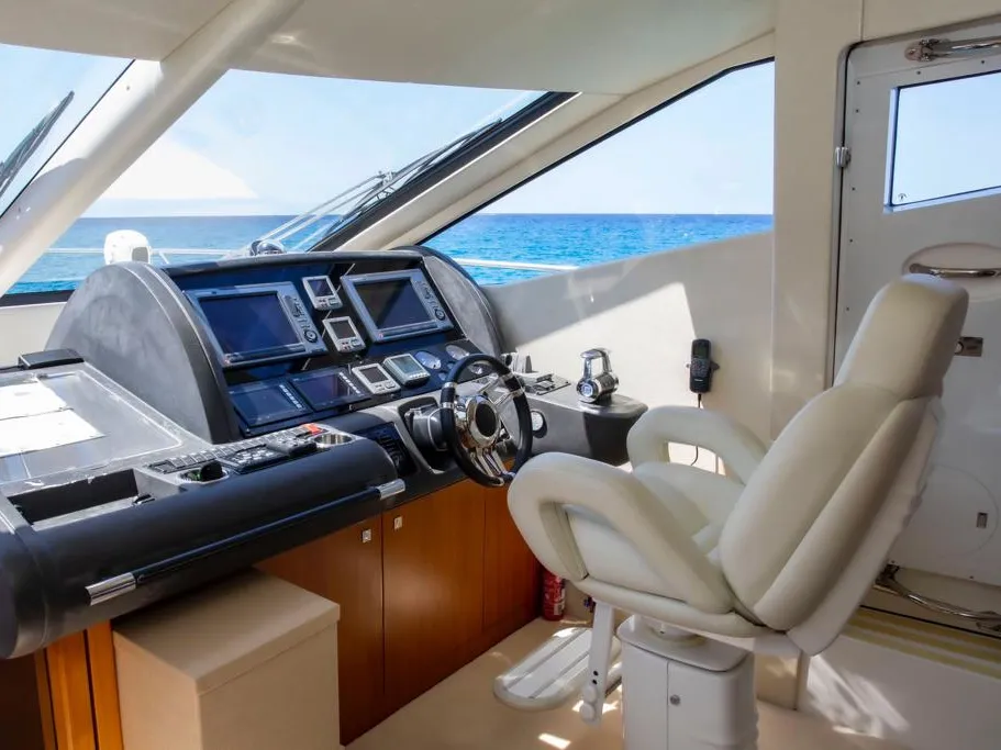Cockpit of Midnight Summer Dream, a Sunseeker Manhattan 63 motor yacht at Palma de Mallorca, Spain