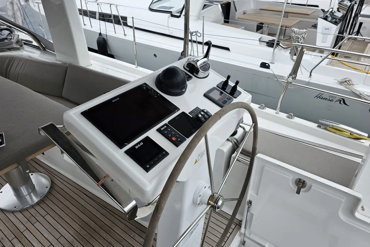 Cockpit of MiR, a Hanse 548 sailboat at Fethiye, Turkey