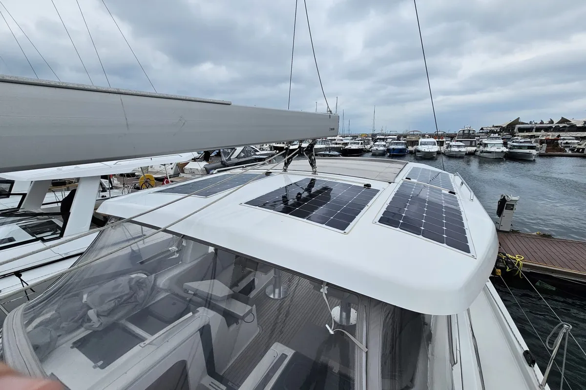 Deck of MiR, a Hanse 548 sailboat at Fethiye, Turkey