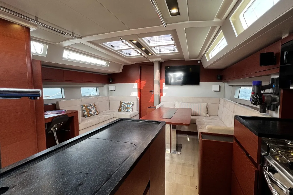 Salon of MiR, a Hanse 548 sailboat at Fethiye, Turkey
