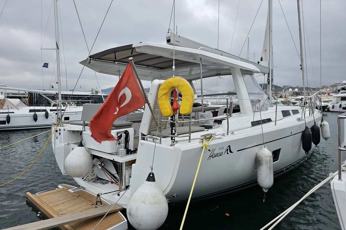 Exterior view of MiR, a Hanse 548 sailboat at Fethiye, Turkey