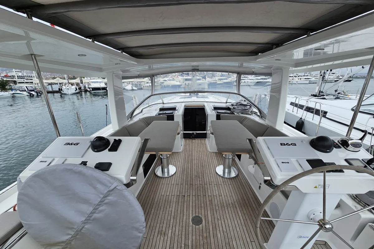 Cockpit of MiR, a Hanse 548 sailboat at Fethiye, Turkey