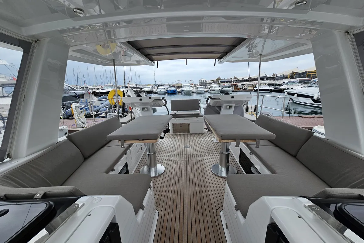 Deck of MiR, a Hanse 548 sailboat at Fethiye, Turkey