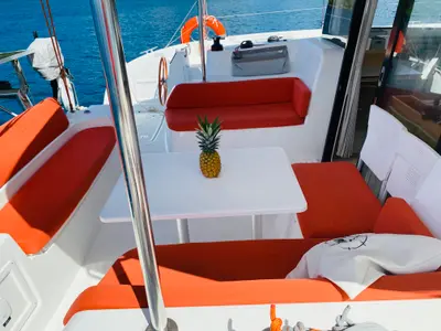 Deck of Excess 11, a catamaran at Ibiza, Spain