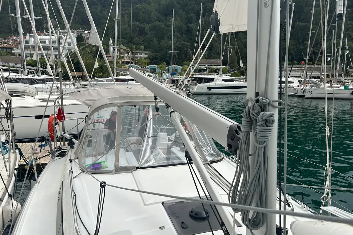 Deck of Benja, a Beneteau Oceanis 34.1 sailboat at Fethiye, Turkey