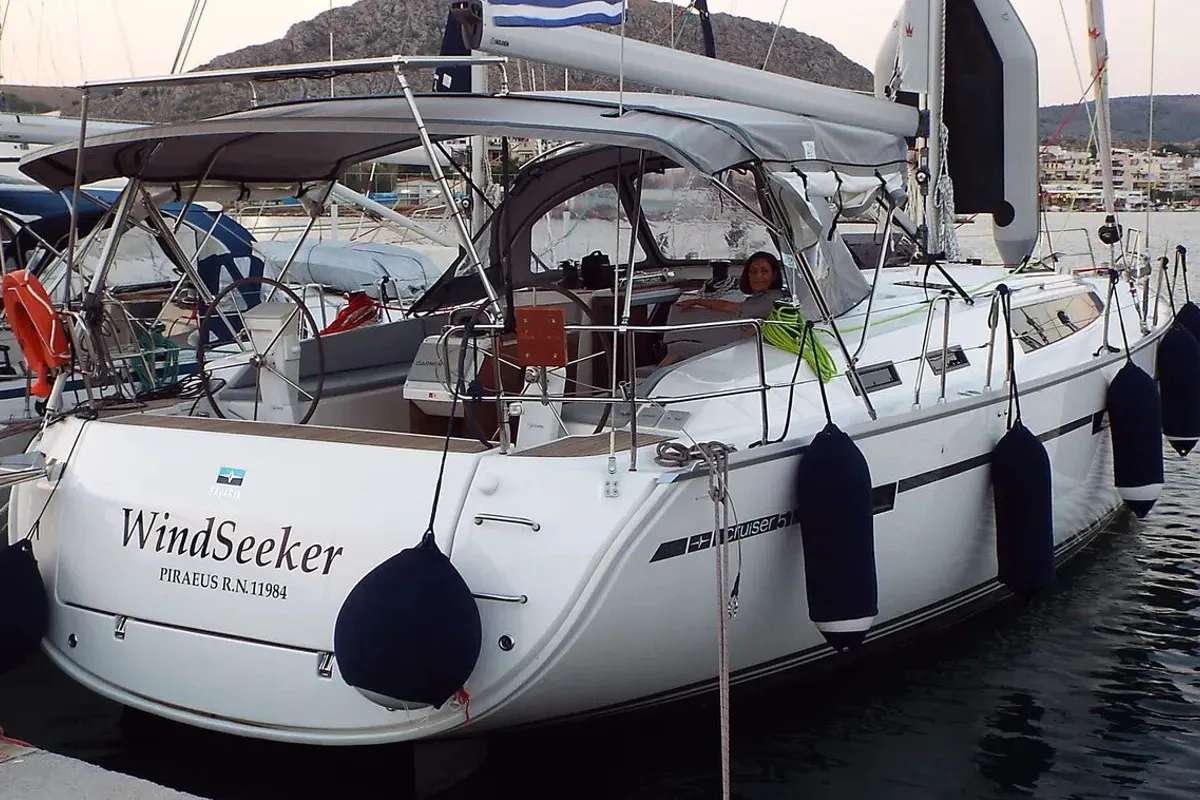 Exterior view of Windseeker, a Bavaria 51 Cruiser sailboat at Athens, Greece