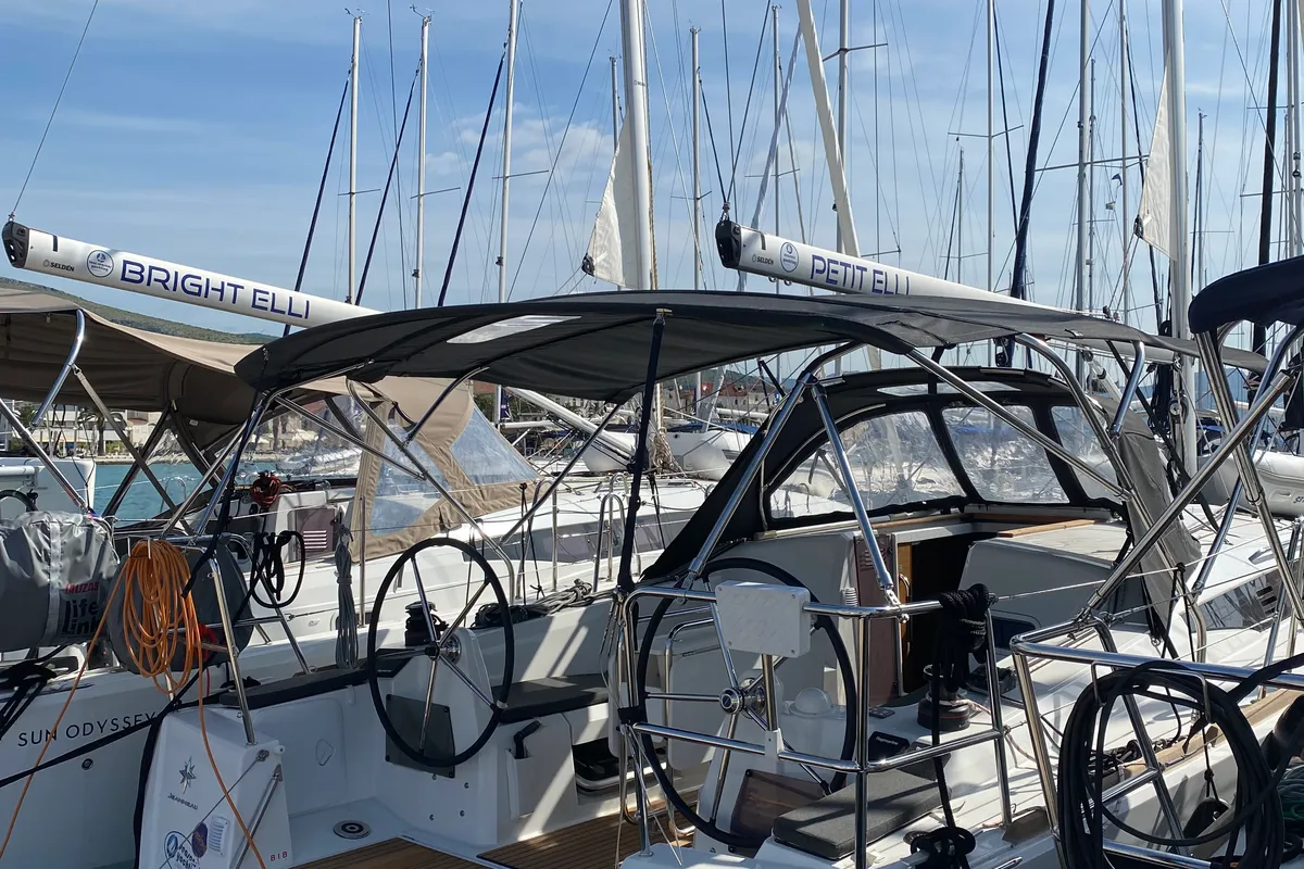 Cockpit of petit elli, a Jeanneau Sun Odyssey 349 sailboat at Trogir, Croatia
