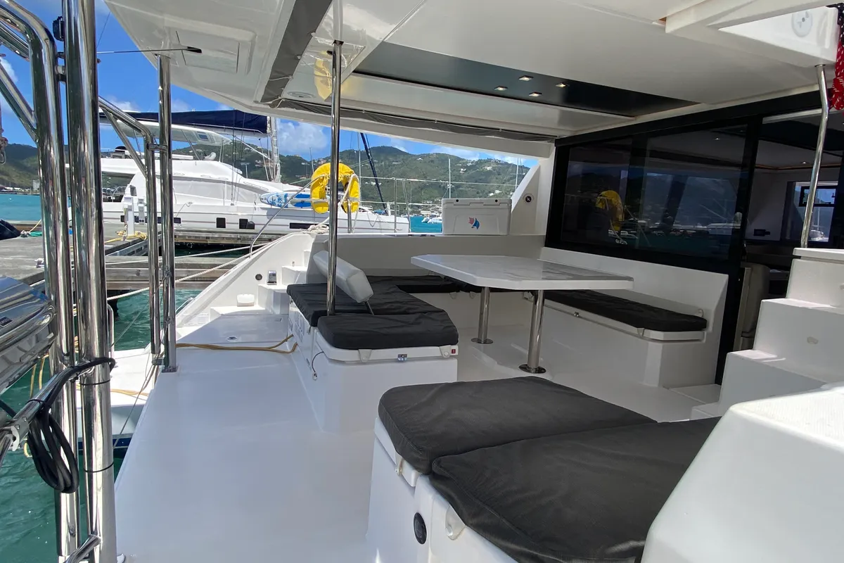 Deck of Pure Sun, a Leopard 45 catamaran at Road Town, British Virgin Islands