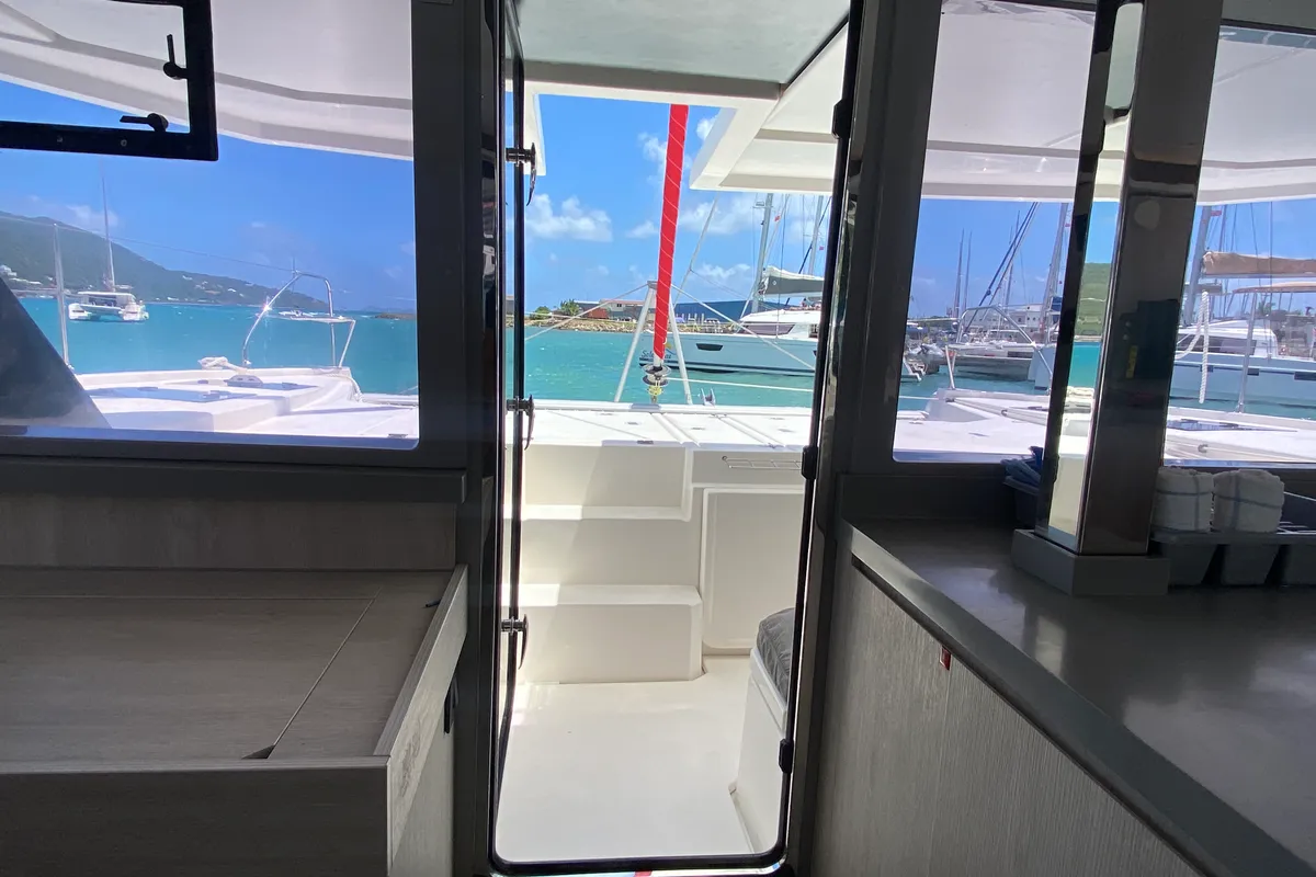 Deck of Pure Sun, a Leopard 45 catamaran at Road Town, British Virgin Islands