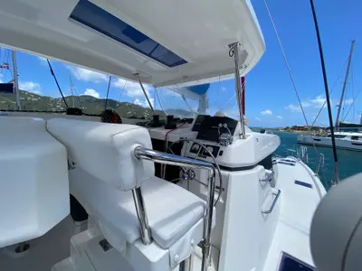 Cockpit of Pure Sun, a Leopard 45 catamaran at Road Town, British Virgin Islands