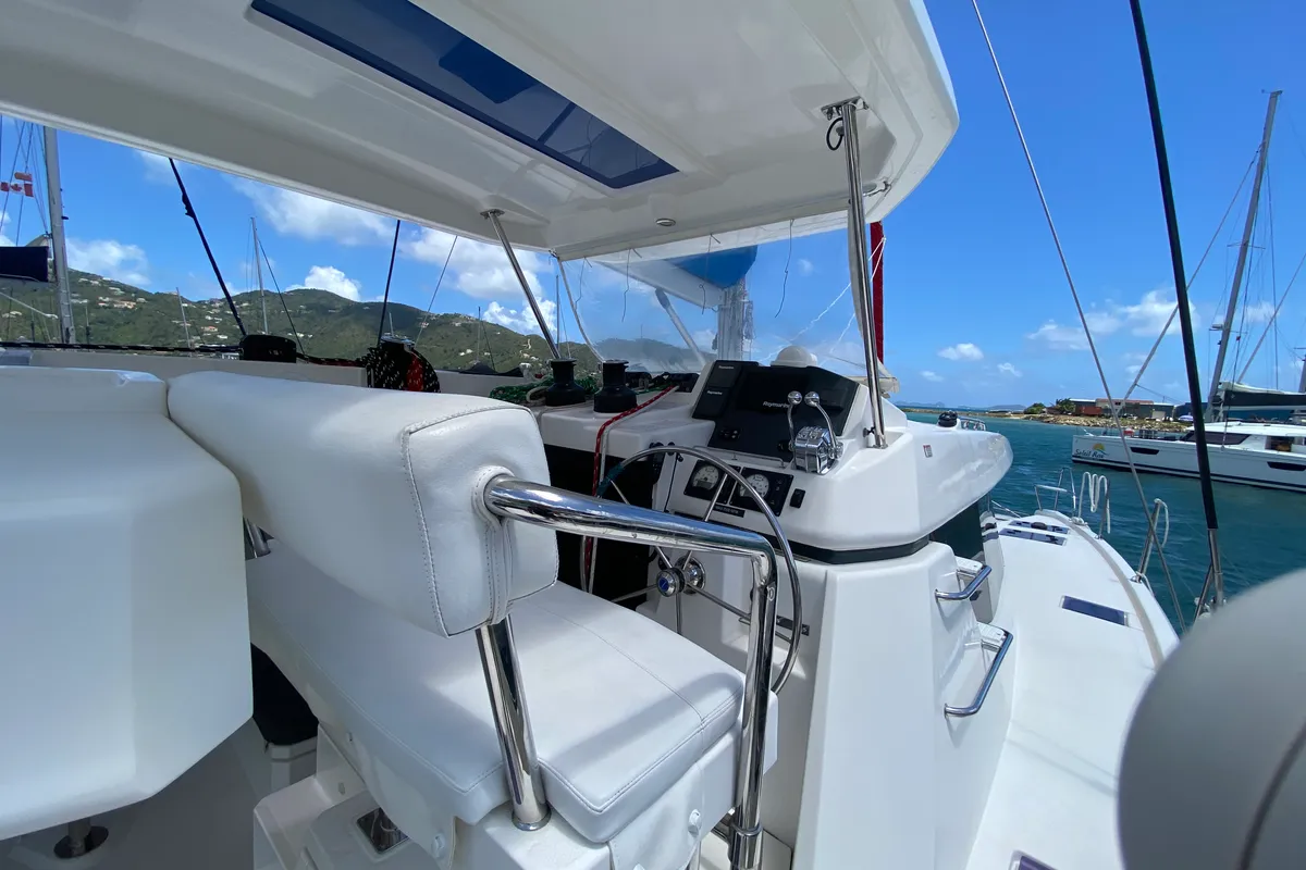 Cockpit of Pure Sun, a Leopard 45 catamaran at Road Town, British Virgin Islands