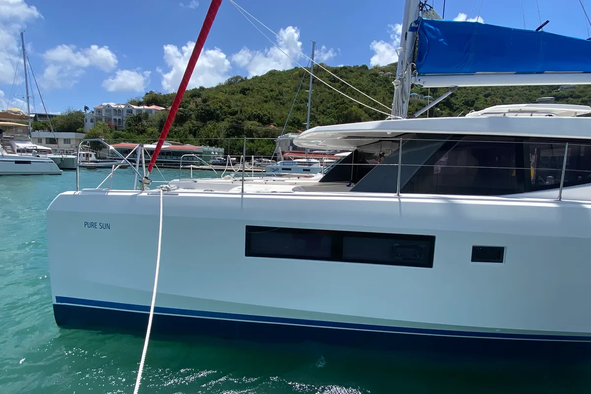 Exterior view of Pure Sun, a Leopard 45 catamaran at Road Town, British Virgin Islands