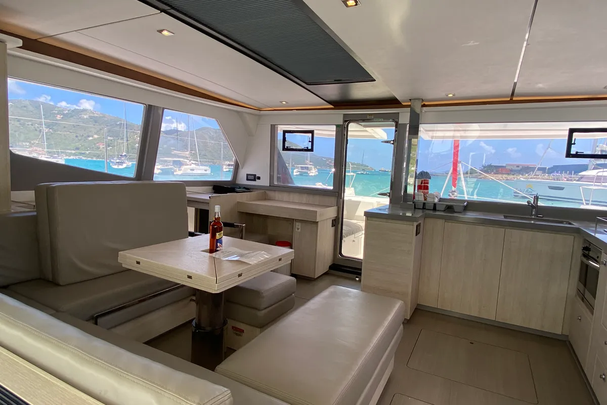 Salon of Pure Sun, a Leopard 45 catamaran at Road Town, British Virgin Islands