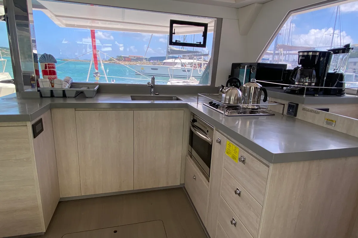 Galley of Pure Sun, a Leopard 45 catamaran at Road Town, British Virgin Islands