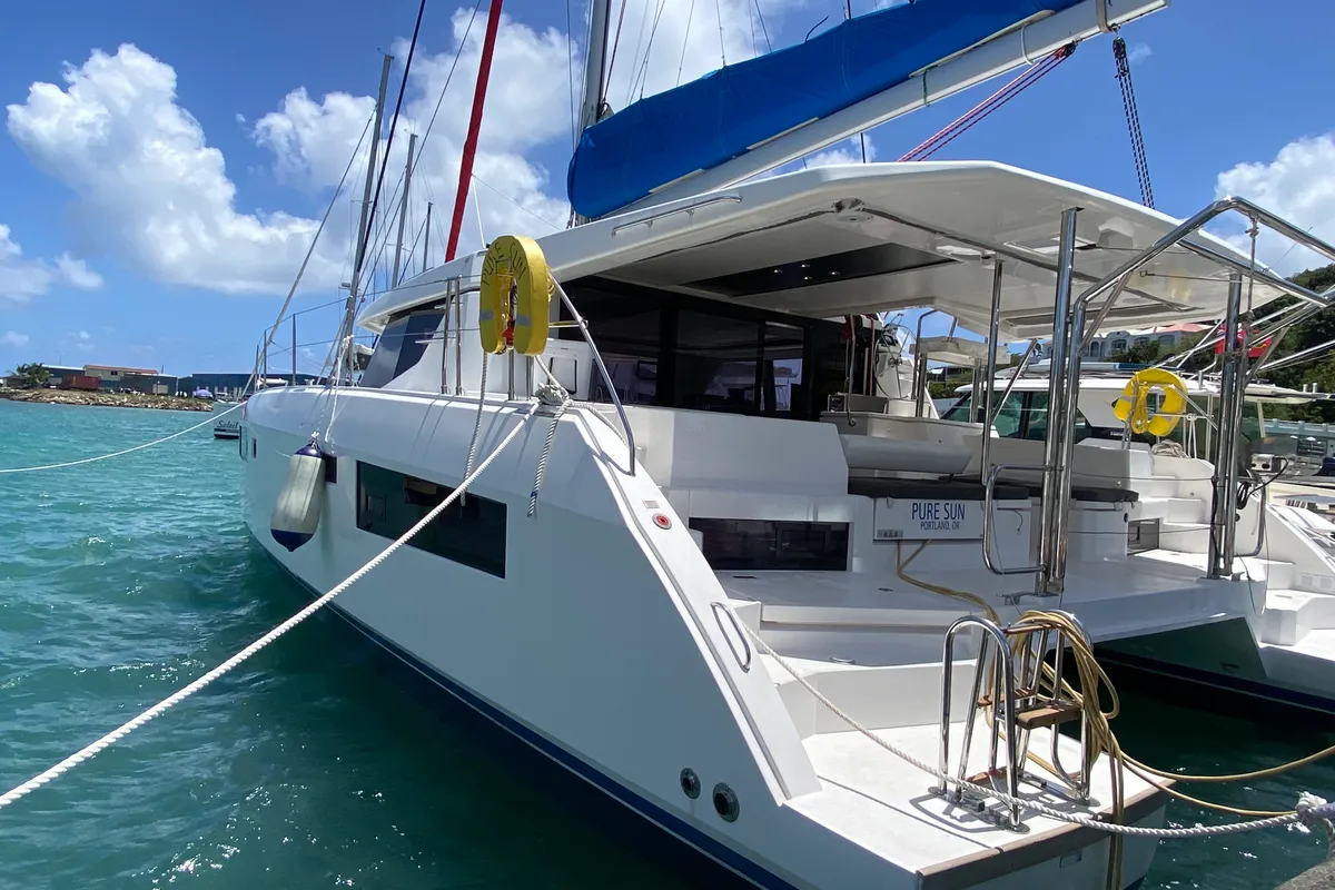 Deck of Pure Sun, a Leopard 45 catamaran at Road Town, British Virgin Islands