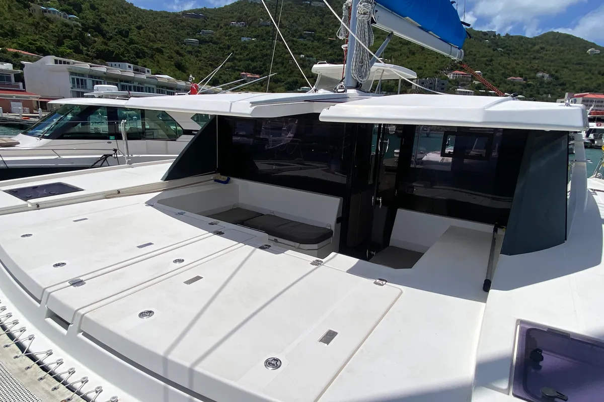 Deck of Pure Sun, a Leopard 45 catamaran at Road Town, British Virgin Islands