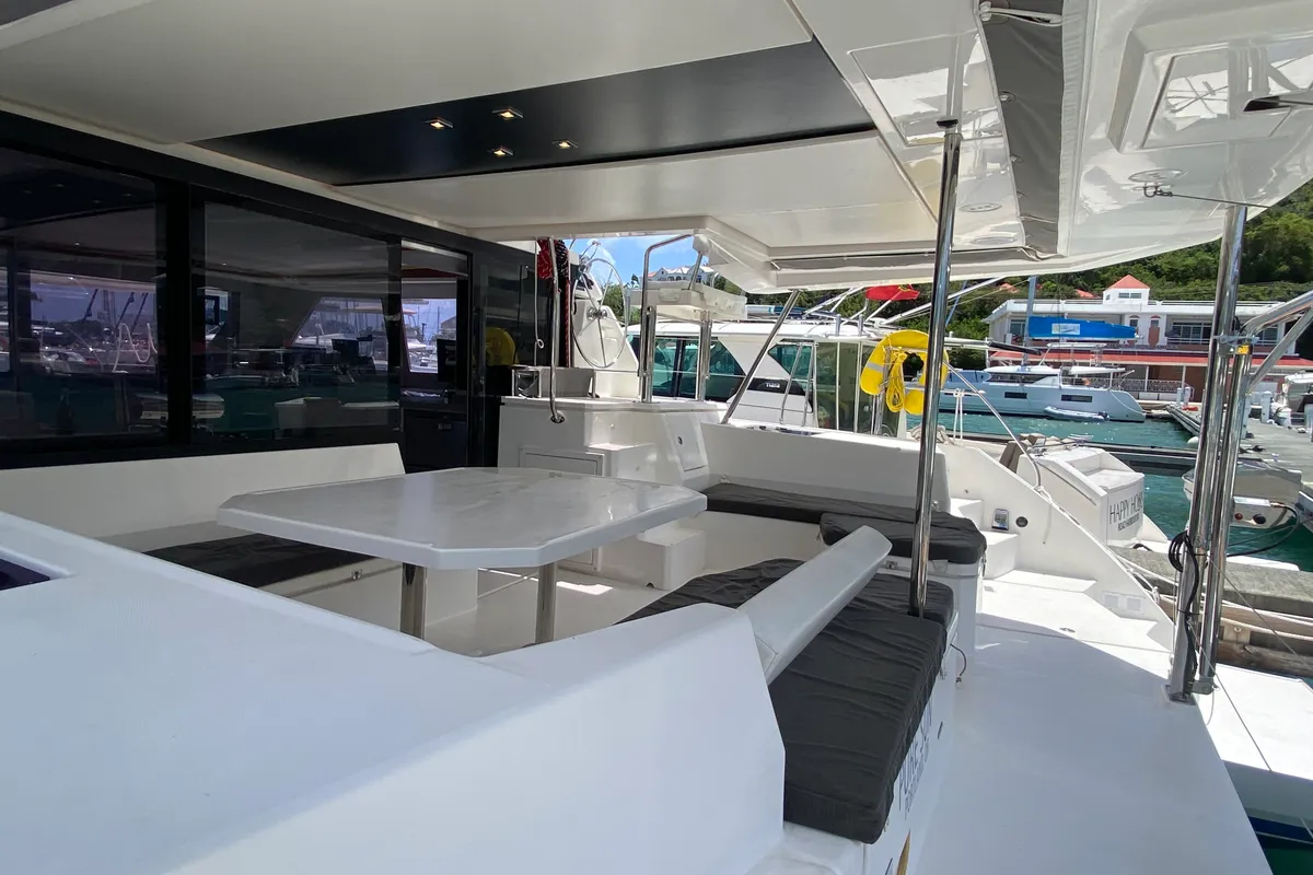 Deck of Pure Sun, a Leopard 45 catamaran at Road Town, British Virgin Islands