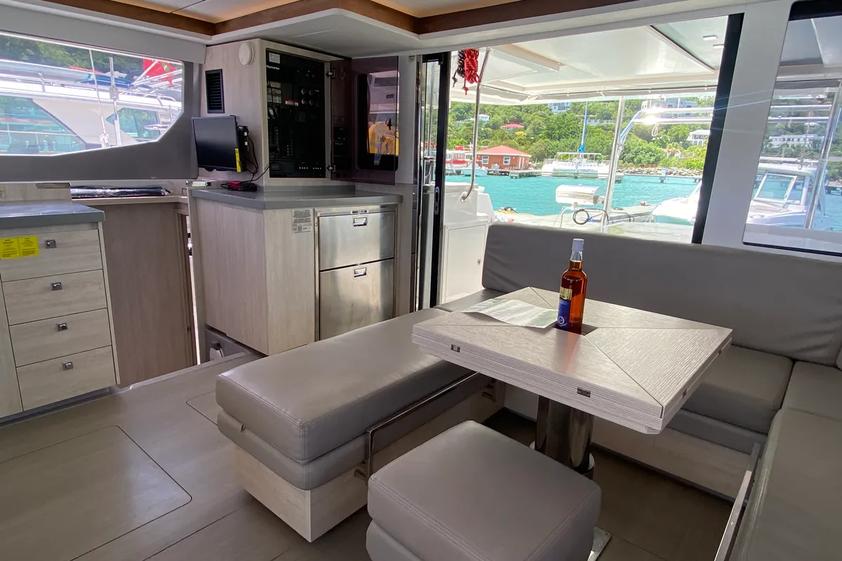 Salon of Pure Sun, a Leopard 45 catamaran at Road Town, British Virgin Islands