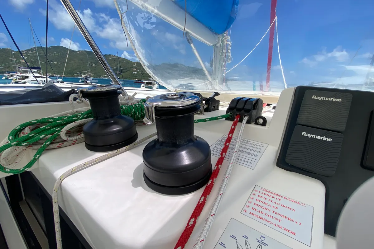 Cockpit of Pure Sun, a Leopard 45 catamaran at Road Town, British Virgin Islands