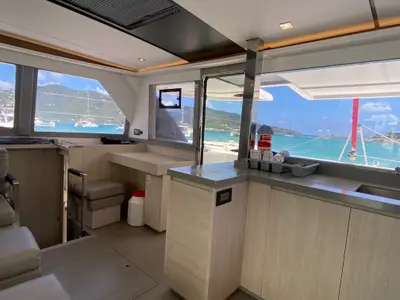 Salon of Pure Sun, a Leopard 45 catamaran at Road Town, British Virgin Islands