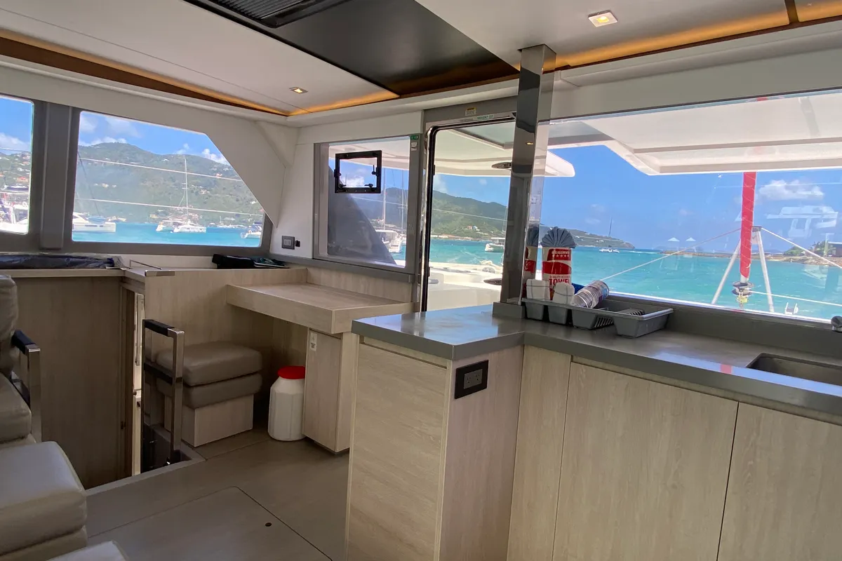 Salon of Pure Sun, a Leopard 45 catamaran at Road Town, British Virgin Islands