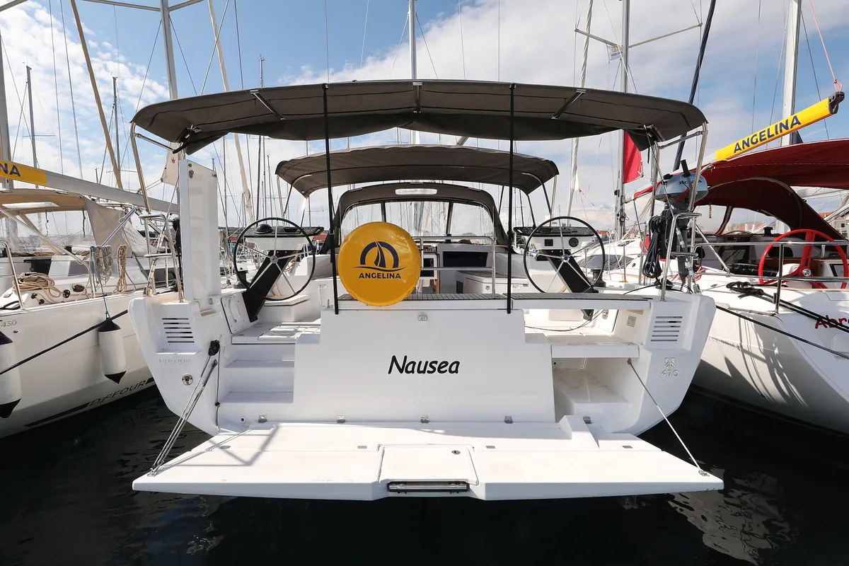 Exterior view of Nausea, a Dufour 470 sailboat at Grad Vodice, Croatia