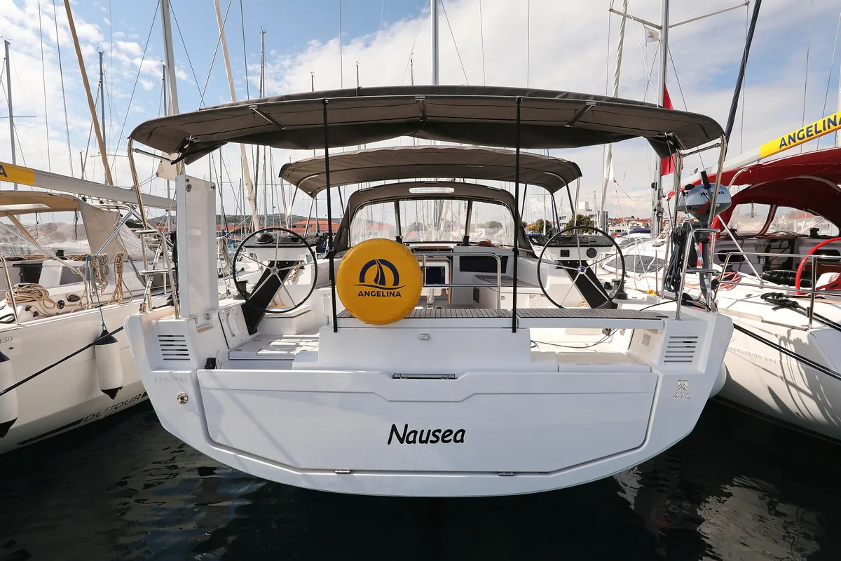 Exterior view of Nausea, a Dufour 470 sailboat at Grad Vodice, Croatia