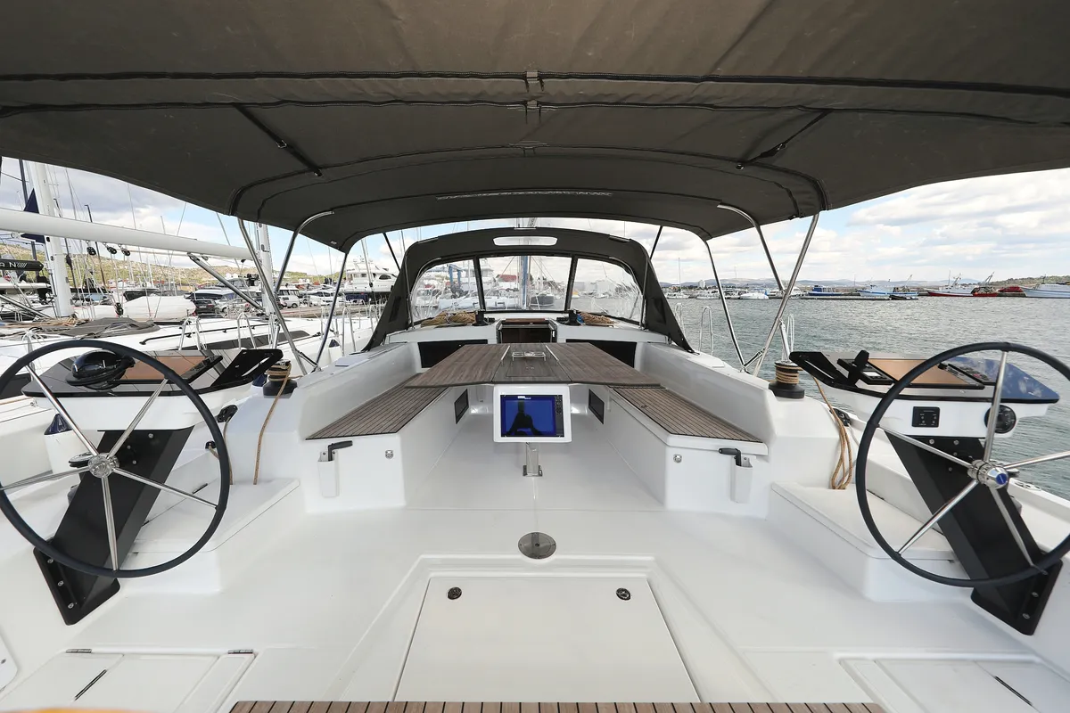 Deck of Nausea, a Dufour 470 sailboat at Grad Vodice, Croatia
